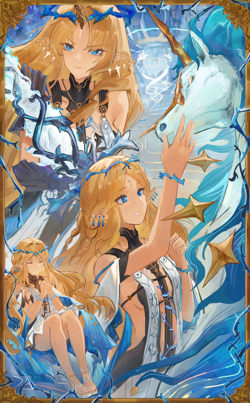 2girls, absurdres, bare_legs, bare_shoulders, black_dress, blonde_hair, blue_eyes, breasts