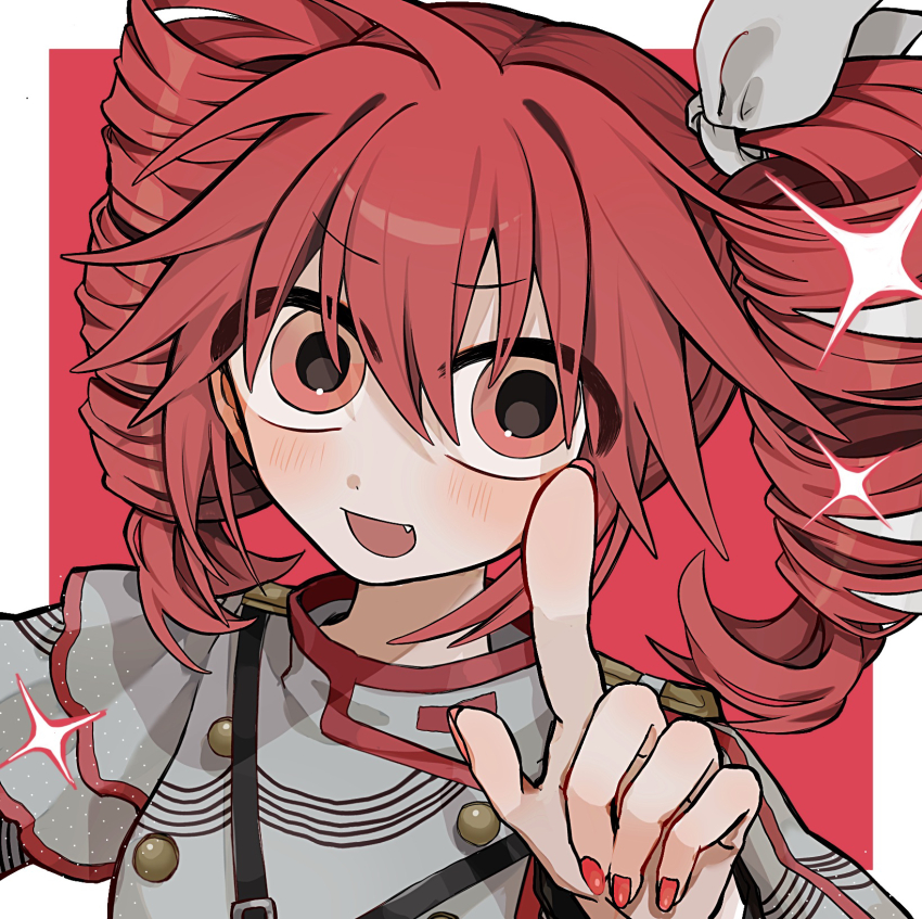 1girl, drill_hair, grey_jacket, hand_up, highres, index_finger_raised, jacket, kasane_teto