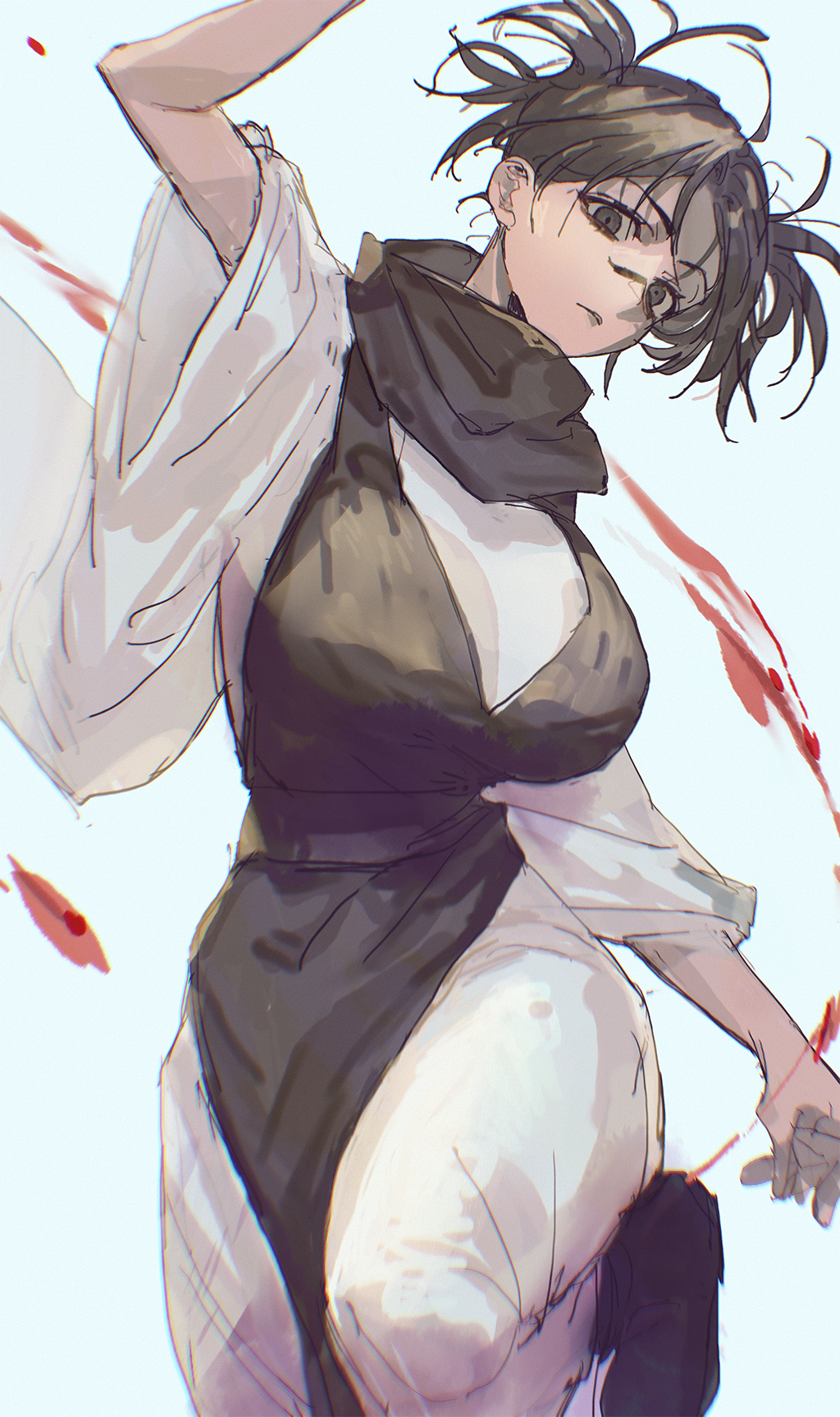 1girl, black_hair, black_scarf, blood, breasts, choso_(jujutsu_kaisen), cowboy_shot, facial_mark, genderswap, genderswap_(mtf), grey_eyes, highres, jujutsu_kaisen, large_breasts, leg_up, mu_kmijj, robe, scarf, short_twintails, solo, twintails, white_background, white_robe