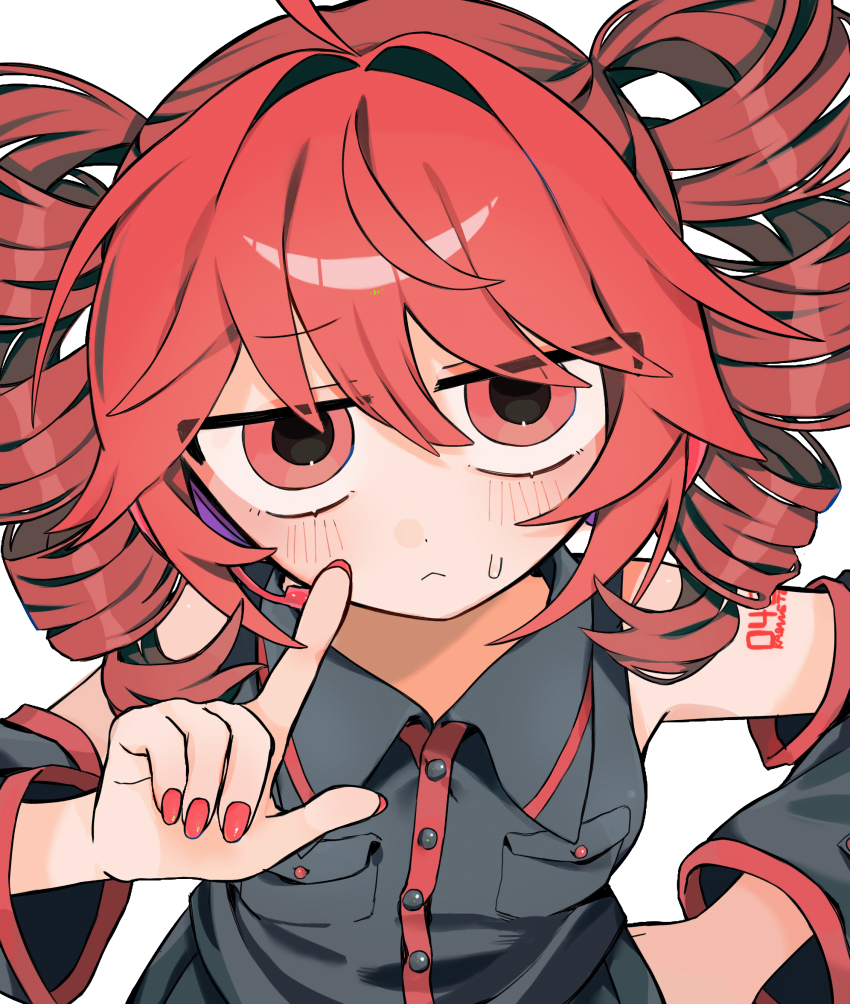 1girl, absurdres, buttons, closed_mouth, detached_sleeves, drill_hair, grey_shirt, hand_up, highres, kasane_teto, kasane_teto_(utau), looking_at_viewer, r_mame_n, red_eyes, red_hair, red_nails, shirt, sleeveless, sleeveless_shirt, solo, twin_drills, upper_body, utau