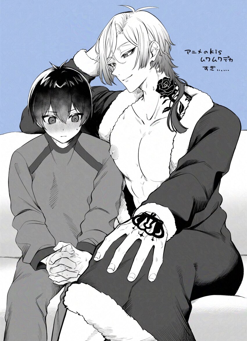 2boys, abs, absurdres, bad_link, bad_twitter_link, blue_background, blue_lock, blush