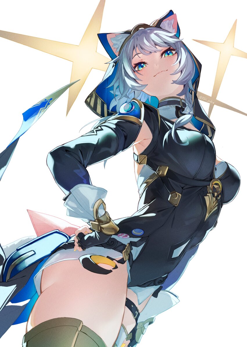 1girl, absurdres, animal_ear_fluff, animal_ears, animal_hood, belt, bibisuka, black_gloves