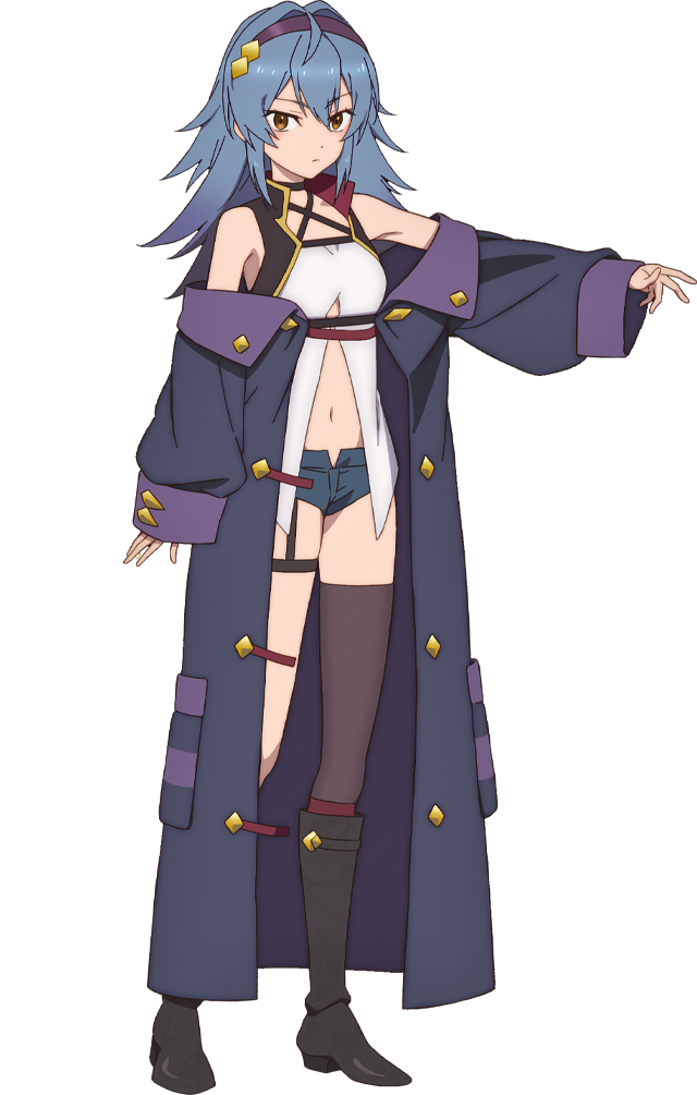 1girl, anime_coloring, blue_hair, breasts, brown_eyes, closed_mouth, eyebrows_hidden_by_hair, full_body, hair_between_eyes, hairband, hayasato_satsuki, jacket, katainaka_no_ossan_kensei_ni_naru, long_hair, long_sleeves, looking_at_viewer, mewi_freya, micro_shorts, navel, official_art, outstretched_arm, oversized_clothes, purple_hairband, purple_jacket, short_shorts, shorts, simple_background, sleeveless, small_breasts, solo, tachi-e, thighhighs, transparent_background, tsurime