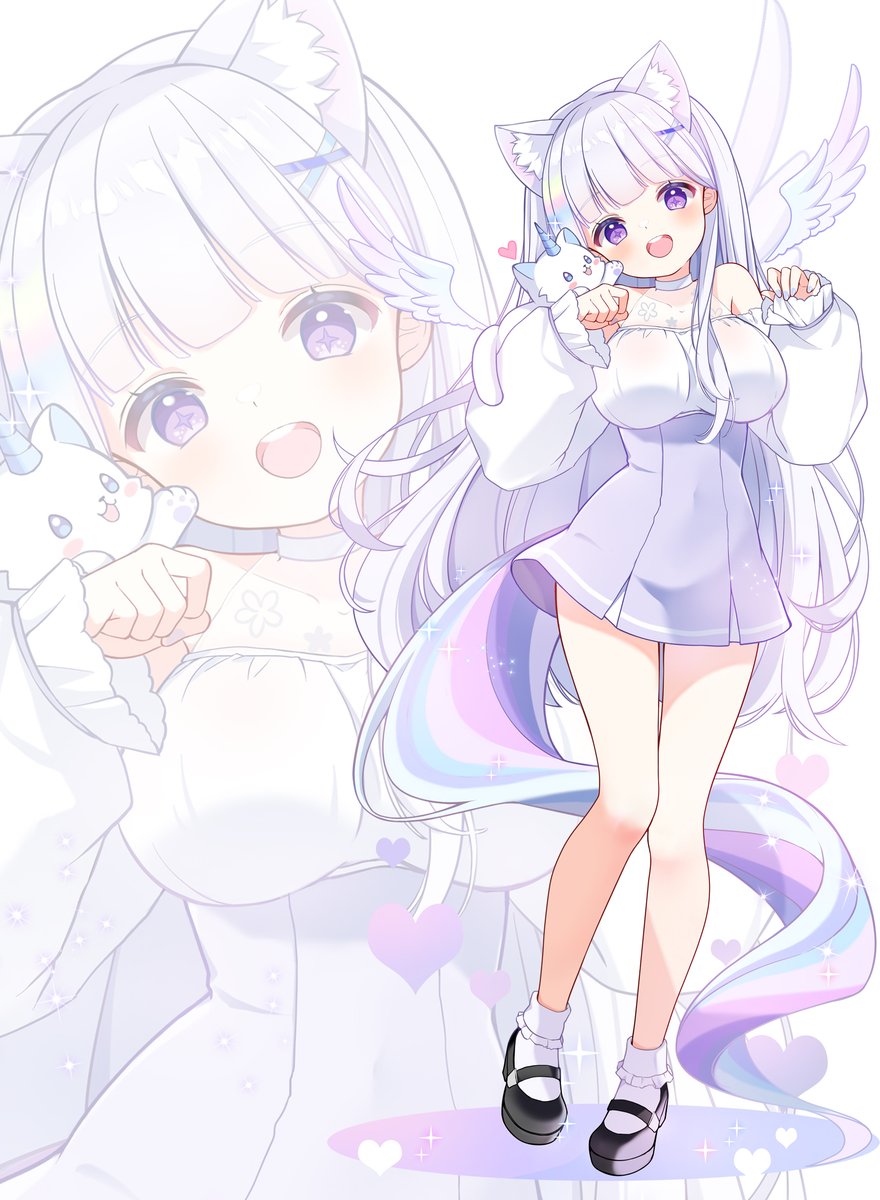 1girl, :d, animal_ear_fluff, animal_ears, animal_on_arm, arnyang_(ayatsuno_yuni), ayatsuno_yuni, bare_shoulders