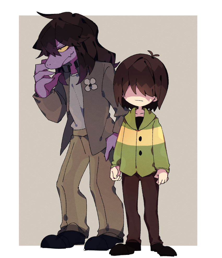 1girl, 1other, black_hair, black_shoes, border, brown_background, brown_hair, brown_jacket