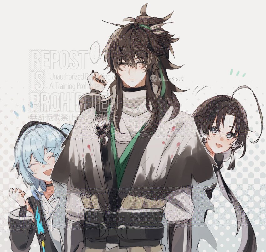 1boy, 2girls, ahoge, black_eyes, black_hair, black_jacket, black_nails, blue_hair