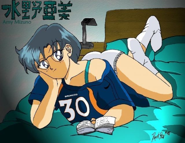 1990s_(style), 1girl, bed, bishoujo_senshi_sailor_moon, book, denver_broncos, female_focus, glasses