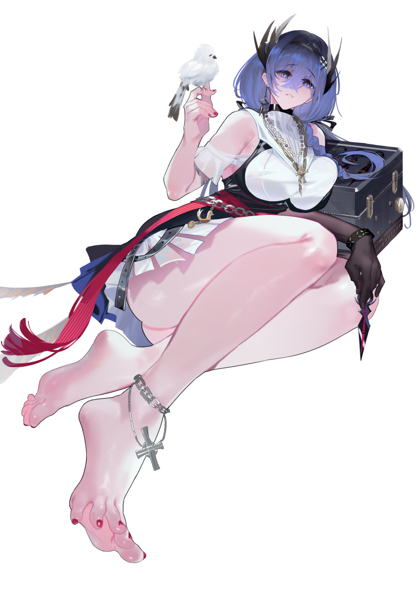 1girl, absurdres, arknights, barefoot, bird, blue_eyes, cantabile_(arknights), feet, highres, long_hair, looking_at_viewer, nils, parted_lips, soles, toes, white_background