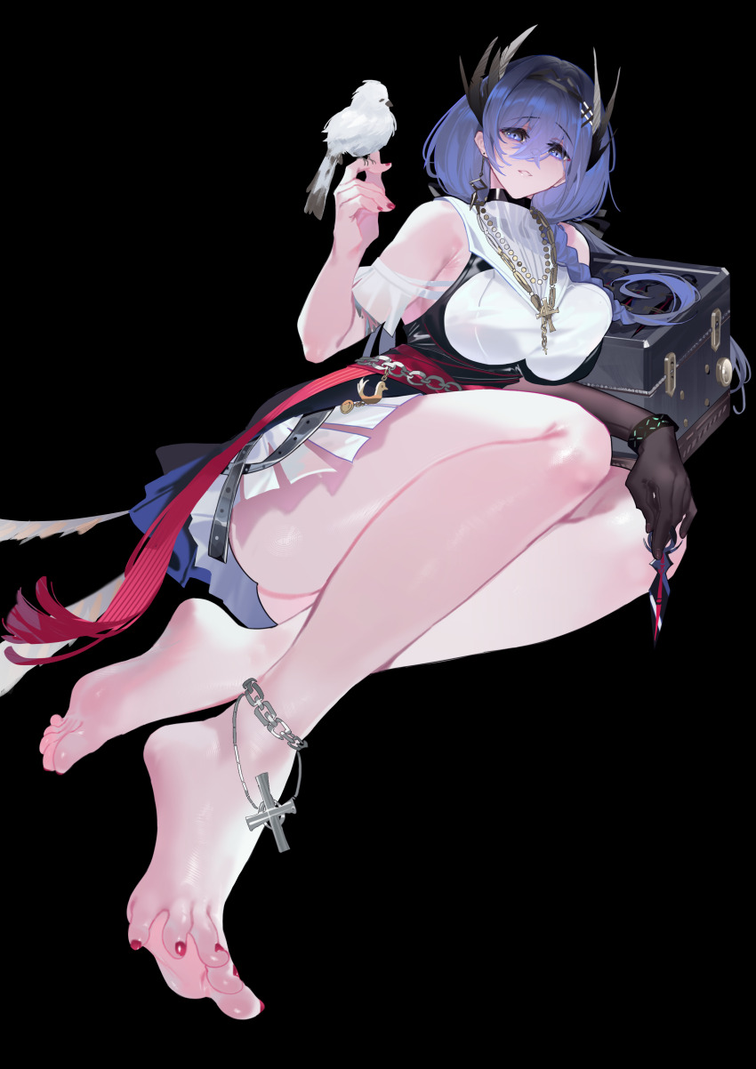 1girl, absurdres, arknights, barefoot, bird, black_background, blue_eyes, cantabile_(arknights)