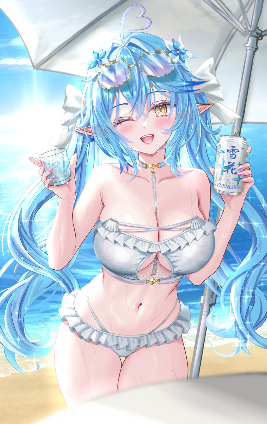 1girl, ;d, ahoge, beach, bikini, blue_hair, breasts, can