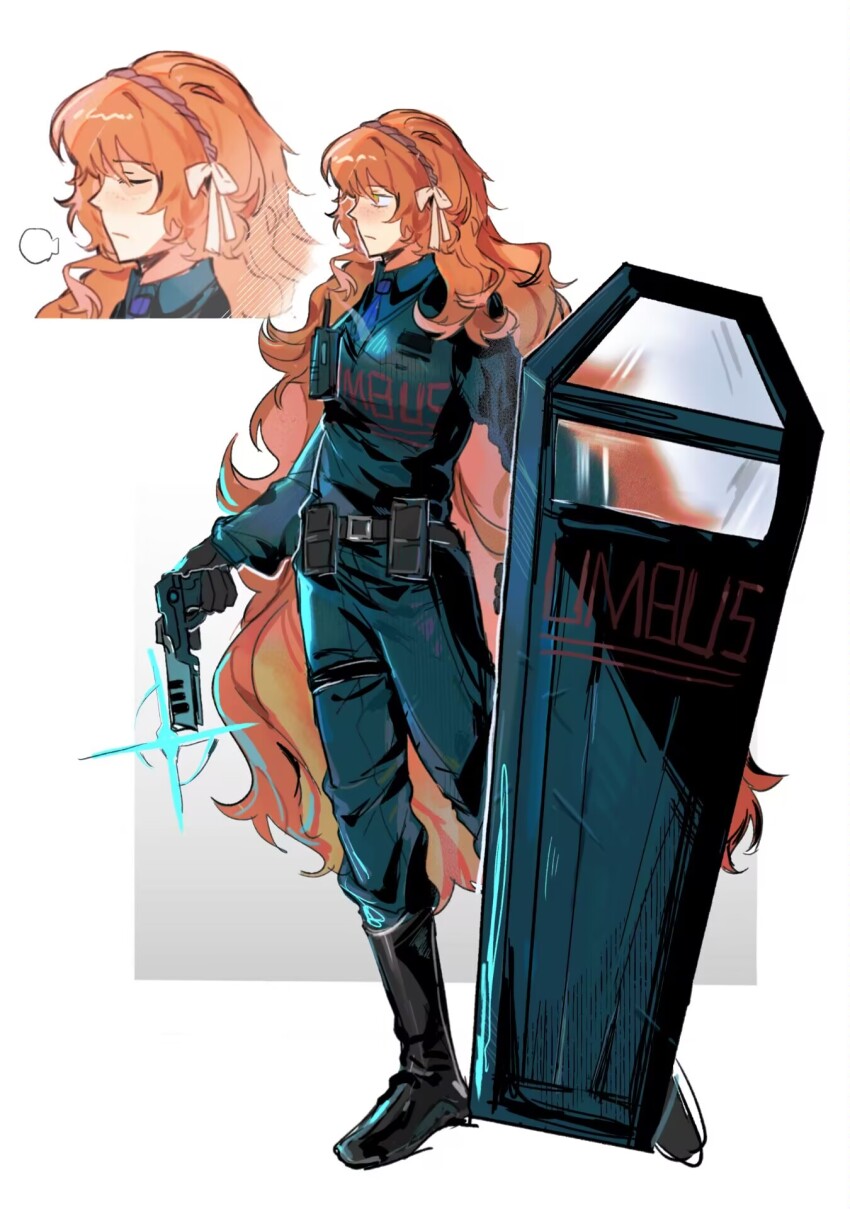 1girl, black_boots, blue_jacket, boots, bow, full_body, gun, hair_bow