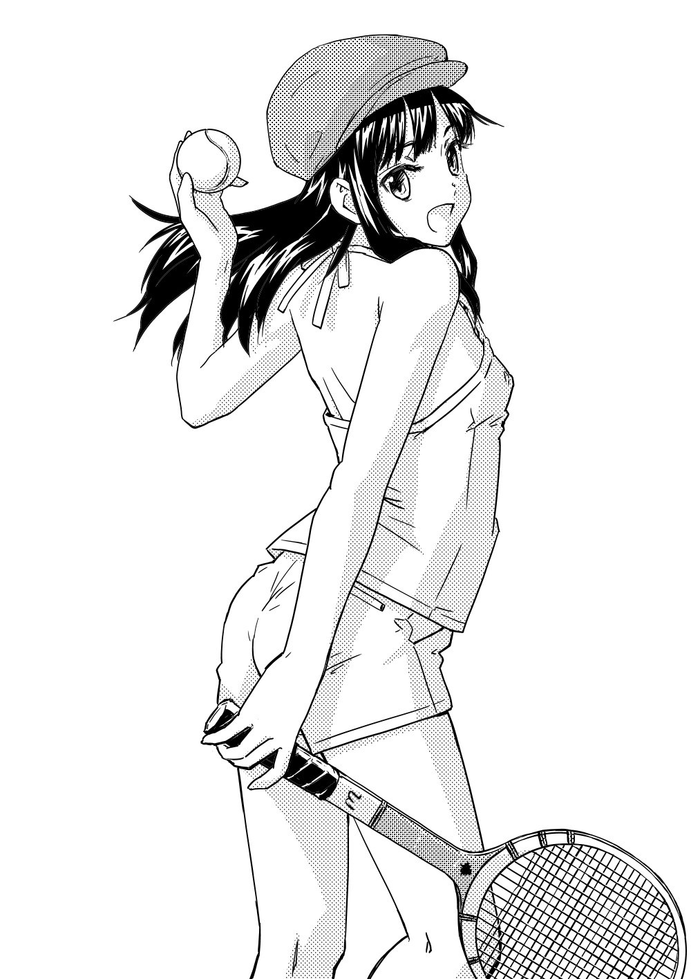 1girl, :d, ass, back, ball, bare_back, bare_shoulders, breasts, commentary_request, cosplay, dolores_haze, dolores_haze_(cosplay), from_side, greyscale, halftone, highres, holding, holding_ball, lolita_(nabokov), looking_at_viewer, looking_back, miyano_tomochika, monochrome, nishizawa_rika, open_mouth, racket, rika_(series), short_shorts, shorts, sidelocks, simple_background, small_breasts, smile, solo, tennis_ball, tennis_racket, white_background