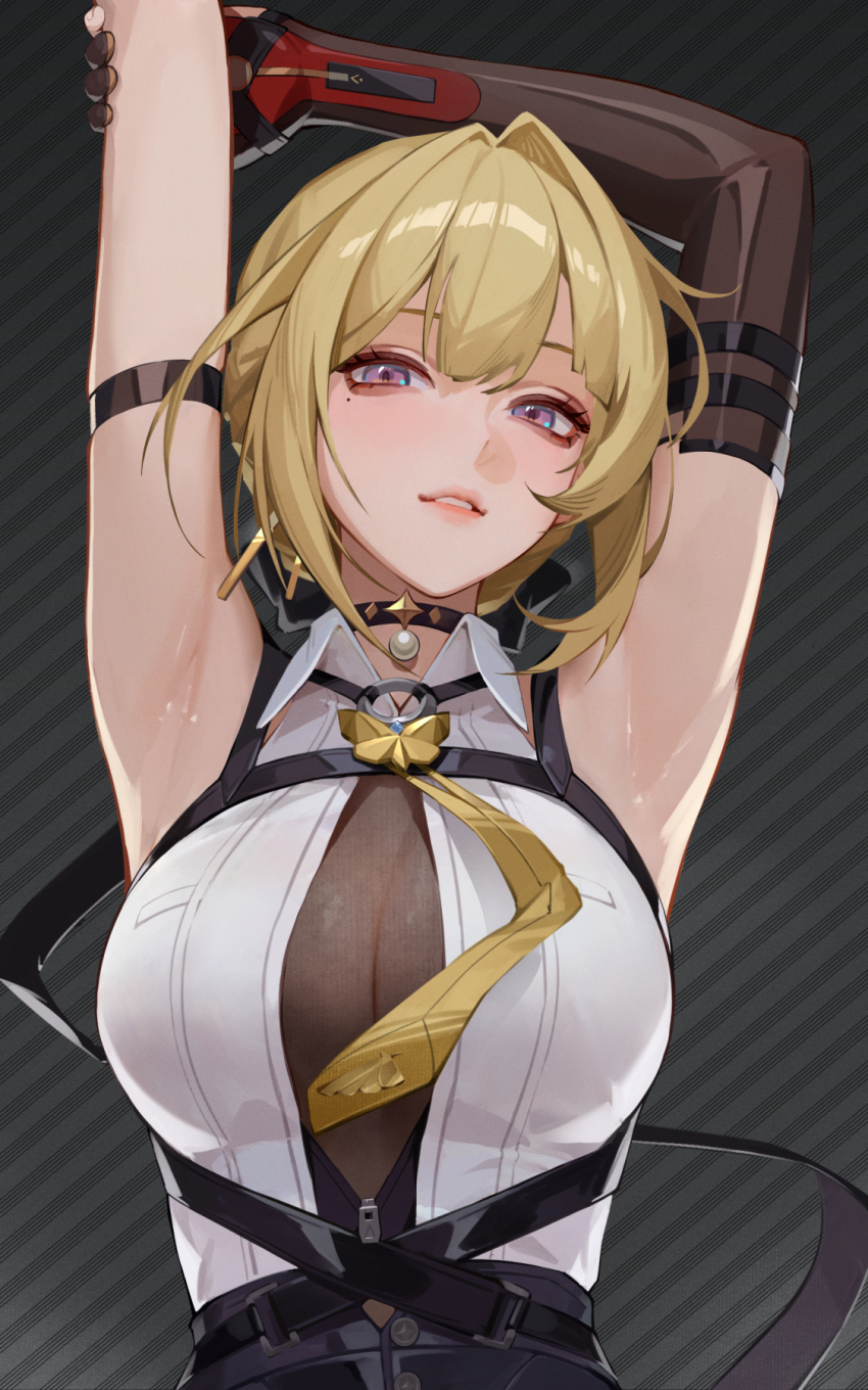 1girl, arm_strap, armpits, arms_up, black_choker, black_gloves, blonde_hair, breasts