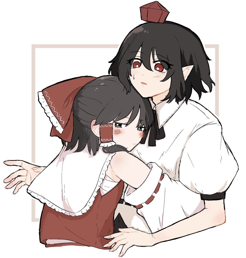 2girls, bare_shoulders, black_eyes, black_hair, blush, bow, chest_sarashi, collared_shirt, detached_sleeves, embarrassed, hair_tubes, hakurei_reimu, hat, highres, hug, medium_hair, multiple_girls, pointy_ears, red_bow, red_eyes, red_shirt, sarashi, shameimaru_aya, shirt, short_sleeves, surprised, tktkhappymchyru, tokin_hat, touhou, upper_body, white_background, white_shirt