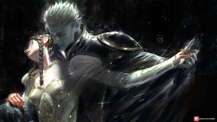 1boy, 1girl, artist_name, brown_hair, charlotte_elbourne, closed_eyes, commentary, couple