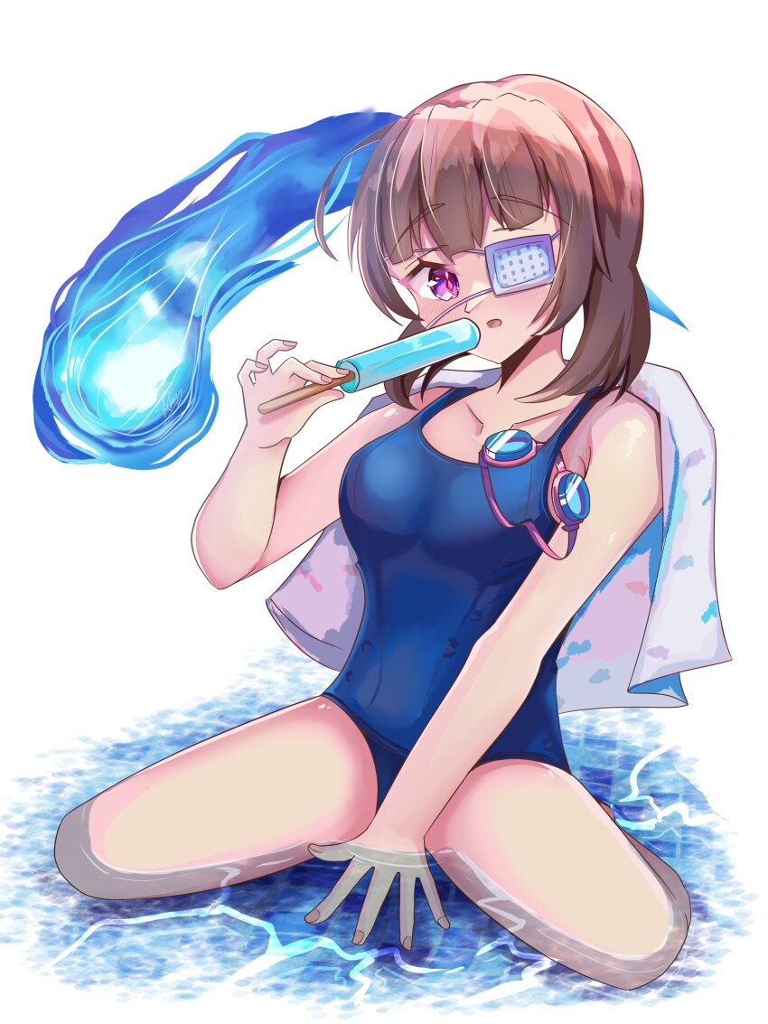 1girl, absurdres, blue_fire, blue_one-piece_swimsuit, breasts, brown_hair, competition_school_swimsuit, covered_navel, eyepatch, fire, food, h_ans_(hmn_anz), heaven_burns_red, highres, hiiragi_kozue, hiiragi_kozue_(poolside_moment), medium_hair, name_tag, old_school_swimsuit, one-piece_swimsuit, one_eye_covered, popsicle, purple_eyes, school_swimsuit, sitting, solo, swimsuit, wariza