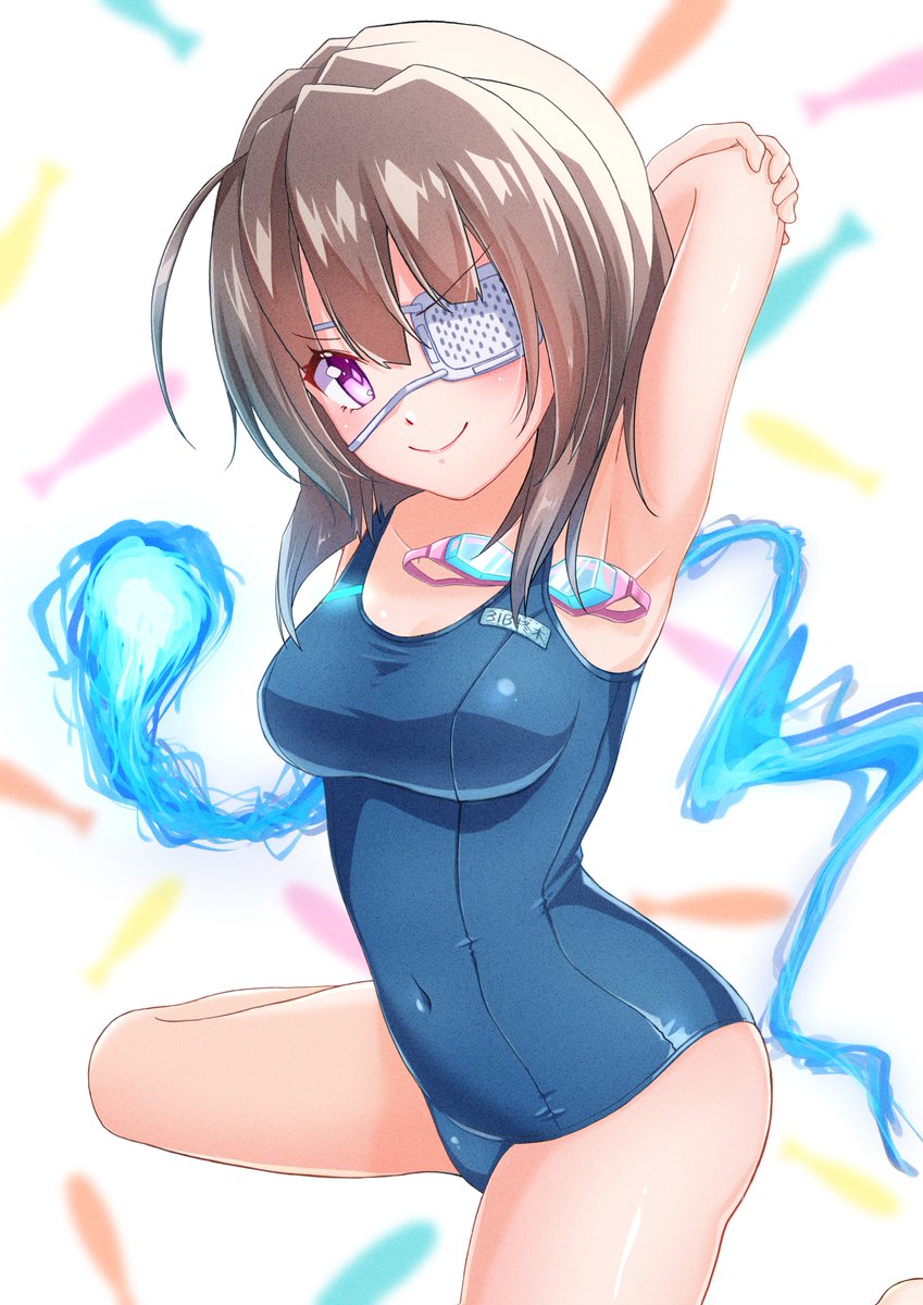 1girl, asaba_touka, blue_fire, blue_one-piece_swimsuit, breasts, brown_hair, competition_school_swimsuit, covered_navel