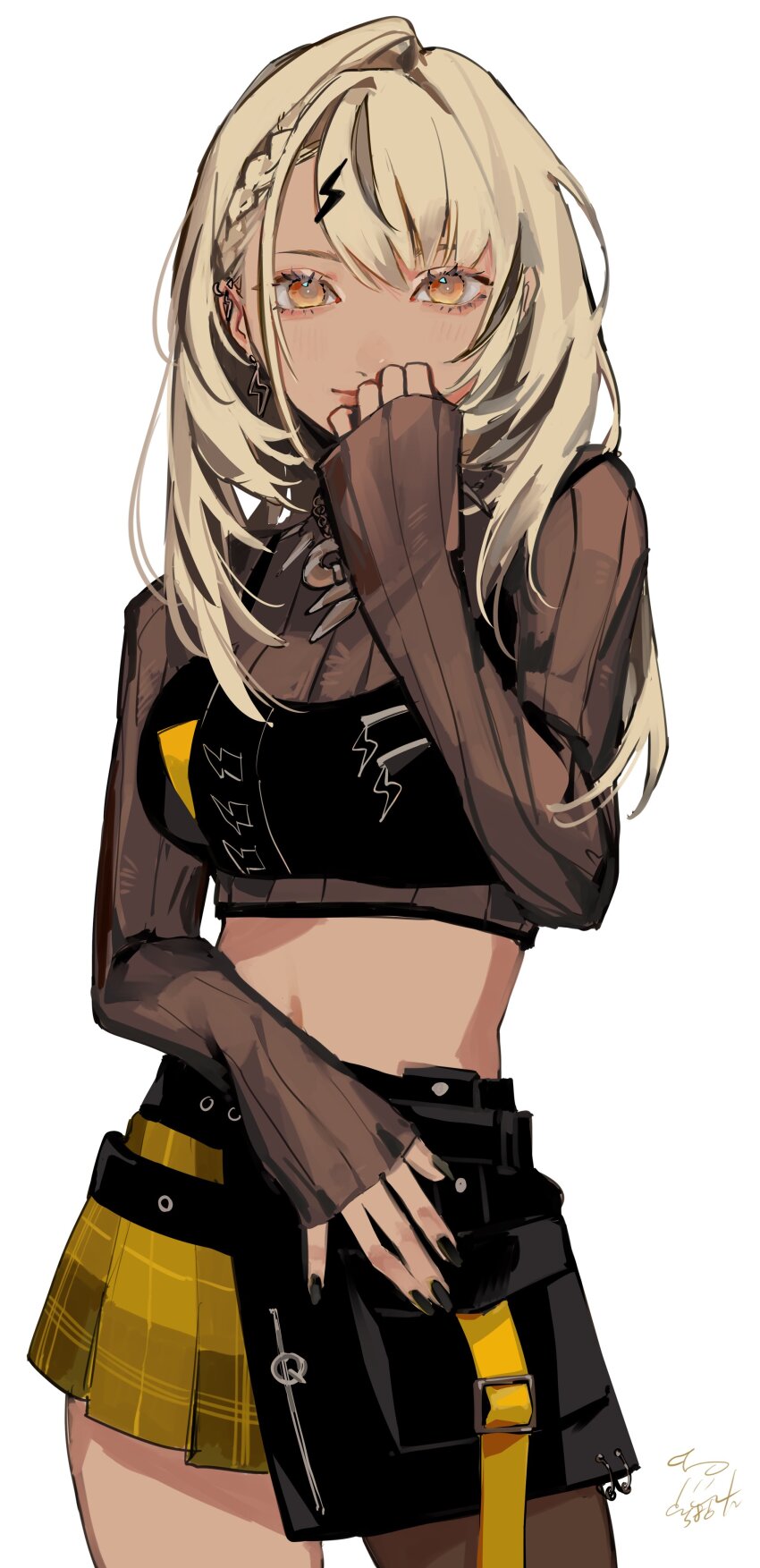 absurdres, black_nails, blonde_hair, braid, breasts, commentary_request, cowboy_shot, earclip