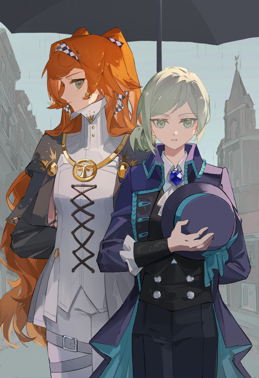 2girls, absurdres, ascot, black_coat, black_hat, black_pants, black_umbrella, black_vest