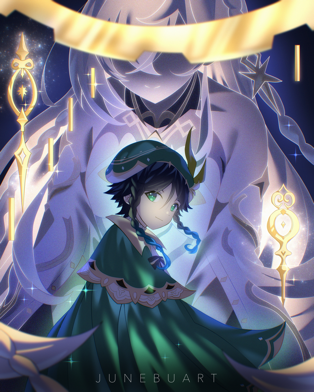 1boy, 1girl, artist_name, black_hair, blue_eyes, blue_hair, braid, braided_bangs