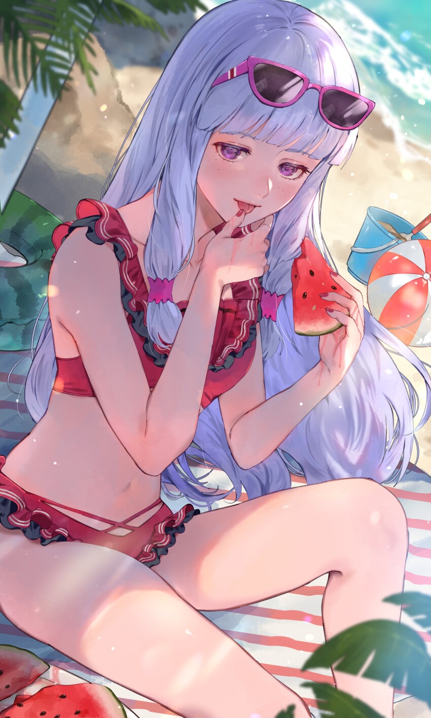 1girl, absurdres, agria_(midsummer_girl)_(tales), agria_(tales), ball, beach, beachball, bikini