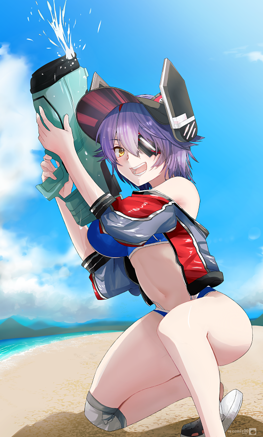 1girl, beach, bikini, blue_bikini, blue_sky, breasts, cloud, commentary_request