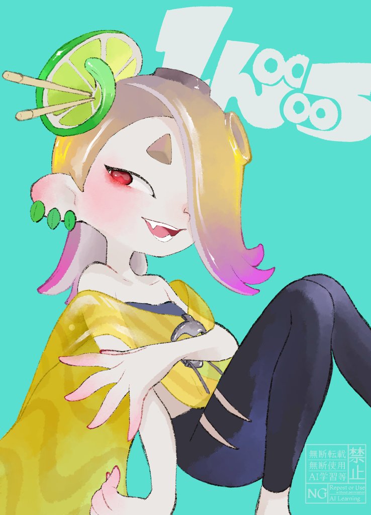 1girl, atataka_soranko, blonde_hair, blue_background, capelet, earrings, eyeliner, food, fruit, hair_ornament, hair_stick, jewelry, lime_(fruit), lime_slice, looking_to_the_side, makeup, multicolored_hair, nintendo, open_mouth, pants, pink_hair, red_eyes, shiver_(splatoon), shiver_(summer_nights)_(splatoon), sitting, smile, solo, splatoon_(series), splatoon_3, tentacles, torn_clothes, torn_pants, two-tone_hair