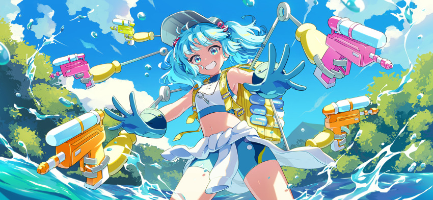 1girl, alternate_costume, alternate_headwear, backpack, bag, blue_eyes, blue_gloves, blue_hair, blue_shorts, blue_sky, clothes_around_waist, cloud, commentary_request, game_cg, gloves, grin, hair_bobbles, hair_ornament, hat, holding, holding_water_gun, kani_2hiki, kawashiro_nitori, key, looking_at_viewer, mechanical_arms, midriff, navel, official_art, outdoors, shirt, shirt_around_waist, shorts, sky, smile, solo, third-party_source, touhou, touhou_gensou_eclipse, two_side_up, wading, water, water_drop, water_gun, yellow_bag