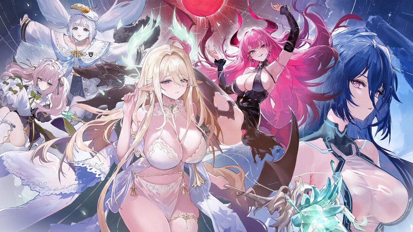 5girls, :q, ahoge, armored_boots, armpits, azur_lane, bare_shoulders, black_boots