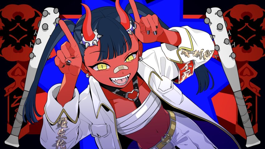 1girl, :d, arms_up, bandaid, bandaid_on_face, bandaid_on_nose, baseball_bat, black_nails