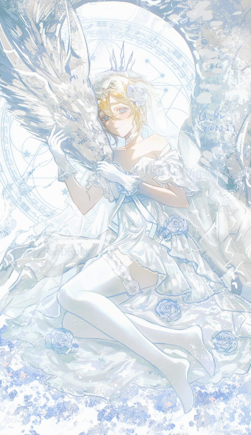 1boy, absurdres, alternate_costume, aotu_world, artist_name, bare_shoulders, blonde_hair, blue_eyes