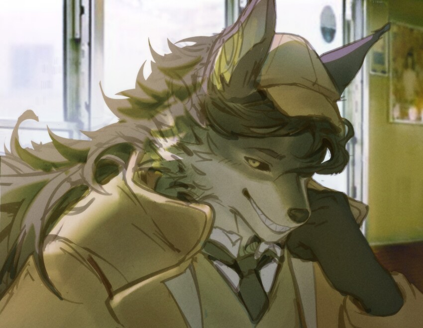 1boy, animal_ears, black_sclera, brown_coat, brown_vest, coat, colored_sclera, commentary