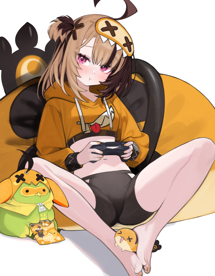 1girl, absurdres, alternate_costume, alternate_hairstyle, barefoot, bike_shorts, black_shorts, blonde_hair, blush, brown_hair, clothing_cutout, commentary, controller, cropped_hoodie, dualshock, english_commentary, feet, game_controller, gigi_murin, grem_(gigi_murin), highres, hip_vent, holding, holding_controller, holding_game_controller, hololive, hololive_english, hood, hoodie, hoshi_usagi, looking_at_viewer, midriff, multicolored_hair, nail_polish, navel, one_side_up, pink_eyes, playstation_controller, popo_(gigi_murin), pout, shorts, sitting, solo, spread_legs, toenail_polish, toenails, twintails, two-tone_hair, virtual_youtuber, yellow_hoodie, yellow_nails