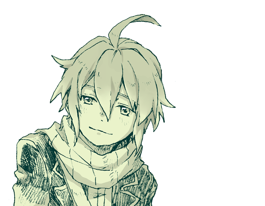 1boy, ahoge, another_eden, blazer, blush, commentary_request, double-parted_bangs, green_theme, hair_between_eyes, hatching_(texture), head_tilt, jacket, lapels, light_smile, linear_hatching, looking_at_viewer, male_focus, michibata_65, mighty_(another_eden), monochrome, notched_lapels, scarf, short_hair, sidelocks, simple_background, solo, striped_clothes, striped_scarf, upper_body, white_background