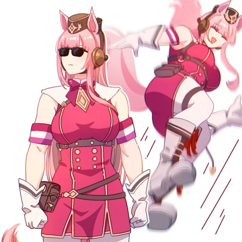 1girl, animal_ears, breasts, brown_hat, cosplay, gloves, gold_ship_(umamusume), gold_ship_(umamusume)_(cosplay)