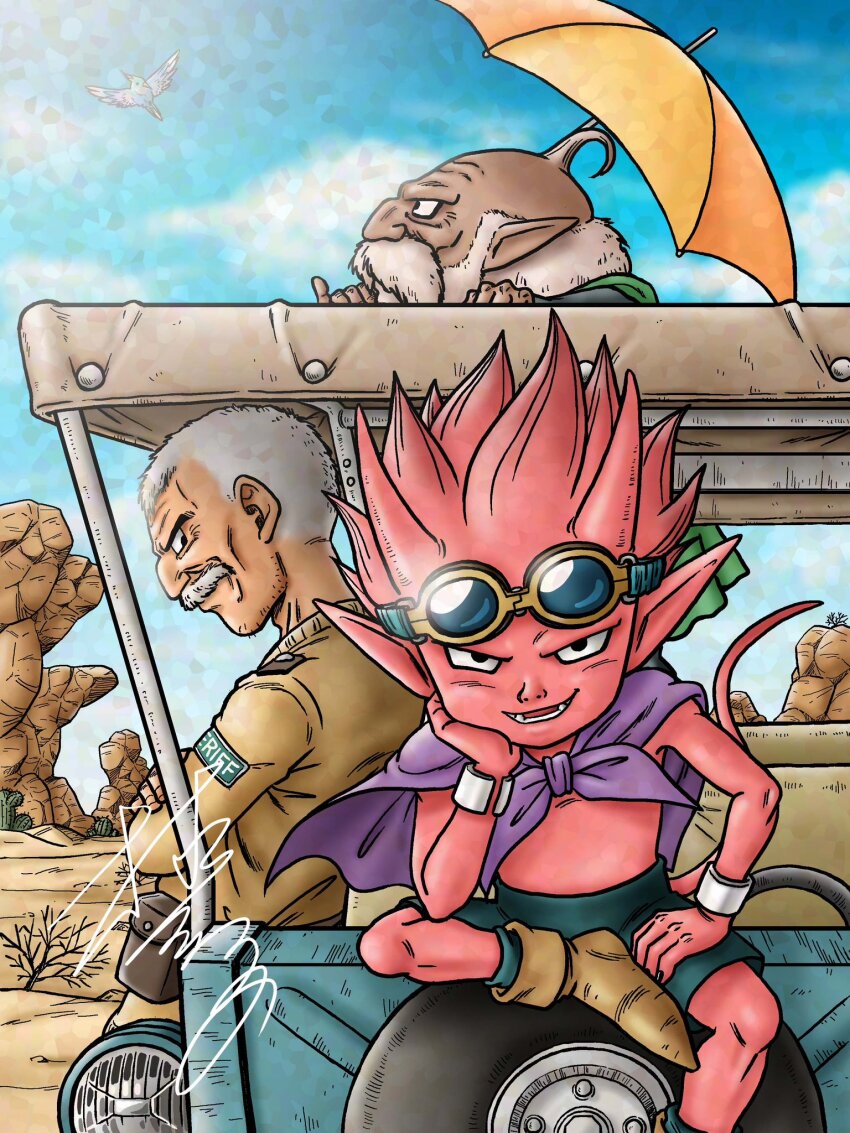 3boys, aqua_socks, beard, beelzebub_(sand_land), bird, black_eyes, black_nails, black_shorts