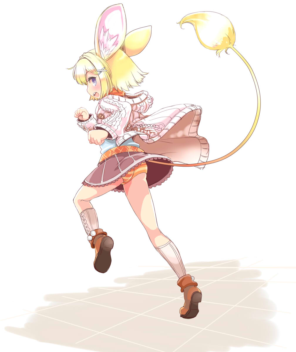 ajitarou_(setsu), animal_ears, blonde_hair, brown_shoes, brown_skirt, emil_chronicle_online, from_side, grey_eyes, hair_ornament, hairclip, highres, jacket, mouse_ears, open_mouth, orange_panties, panties, pantyshot, sandrat_alma, shoes, skirt, socks, standing, standing_on_one_leg, striped_clothes, striped_panties, tail, underwear, white_jacket, white_socks