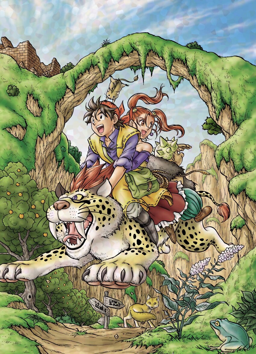 1girl, 2boys, :d, bag, bare_shoulders, black_eyes, blue_eyes, blue_shirt, blue_sky, boots, brown_boots, brown_eyes, brown_hair, coat, colored_sclera, commentary_request, day, dragon_quest, dragon_quest_viii, earrings, floating_hair, flower_request, fox, frog, fur_vest, grass, great_sabrecat, green_bag, green_pants, grey_pants, hair_pulled_back, hair_tubes, hero_(dq8), highres, jessica_albert, jewelry, leaf, looking_ahead, looking_back, metal_hair_tubes, mouse_(animal), multiple_boys, munchie_(dq8), murakami_yumiko, off_shoulder, open_mouth, orange_hair, outdoors, pants, purple_shirt, red_fur, red_skirt, riding, ruins, sharp_teeth, shirt, shoulder_bag, skirt, sky, sleeveless, sleeveless_coat, sleeves_rolled_up, smile, sphere_earrings, spiked_hair, spiked_hat, spotted_fur, teeth, tongue, toriyama_akira_(style), tree, twintails, whip, white_fur, yangus, yellow_coat, yellow_fur, yellow_sclera