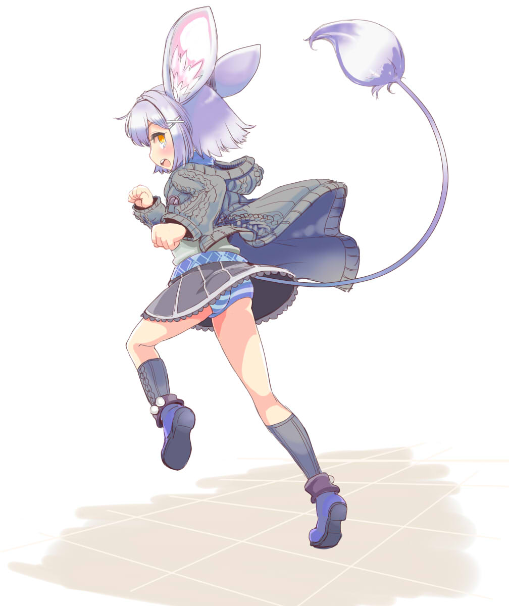 1girl, ajitarou_(setsu), animal_ears, black_socks, blue_panties, blue_shoes, commentary_request, emil_chronicle_online, from_side, green_jacket, grey_skirt, highres, jacket, mouse_ears, mouse_girl, panties, pantyshot, sandrat_alma, shoes, skirt, socks, standing, standing_on_one_leg, striped_clothes, striped_panties, tail, underwear, white_hair, yellow_eyes
