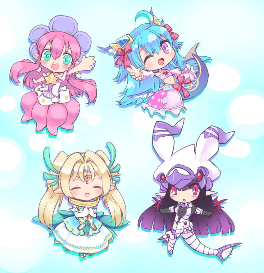 4girls, ahoge, ajitarou_(setsu), blonde_hair, blue_hair, bodysuit, chibi, closed_eyes, detached_sleeves, dress, emil_chronicle_online, fins, frilled_sleeves, frills, green_dress, green_eyes, hair_ribbon, hat, highres, horns, large_hat, leviathan_(eco), long_hair, lorelei_lore, mermaid, monster_girl, multiple_girls, navel, one_eye_closed, open_mouth, pink_hair, pink_skirt, pointy_ears, purple_eyes, red_eyes, red_ribbon, ribbon, scylla, seahorse_alma, shugoma_fumitsuki, skirt, smile, twintails, white_dress, white_hat