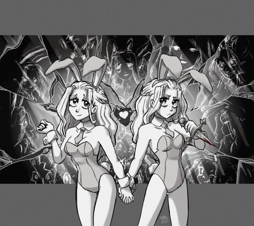 2girls, :3, animal_ear_hairband, animal_ears, bare_shoulders, blood, bloody_knife, bloody_weapon