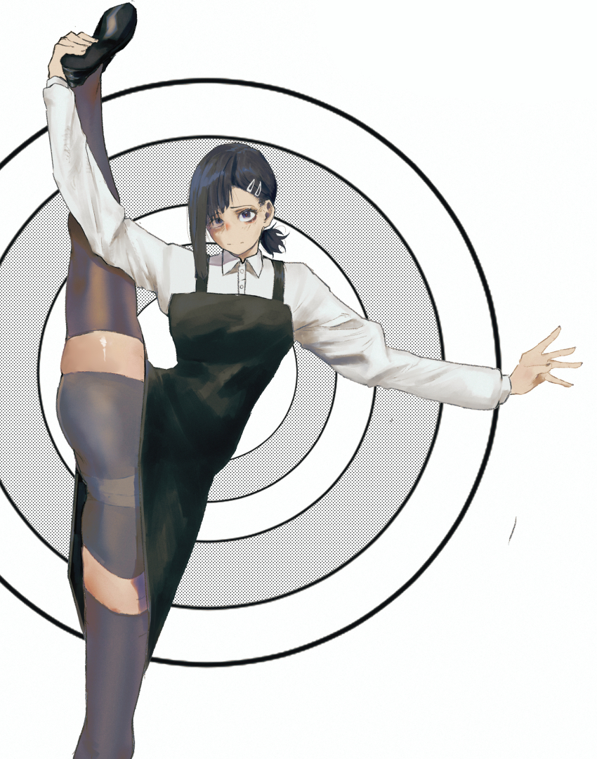 absurdres, apron, balancing, chainsaw_man, circle, dress, hair_ornament, hairclip, higashiyama_kobeni, highres, kipnevh, leg_up, leggings, looking_at_viewer, nervous, panties, ponytail, shiny_skin, shoes, short_ponytail, single_bang, skirt, spiral_background, standing, standing_on_one_leg, tagme, target, thighhighs, underwear