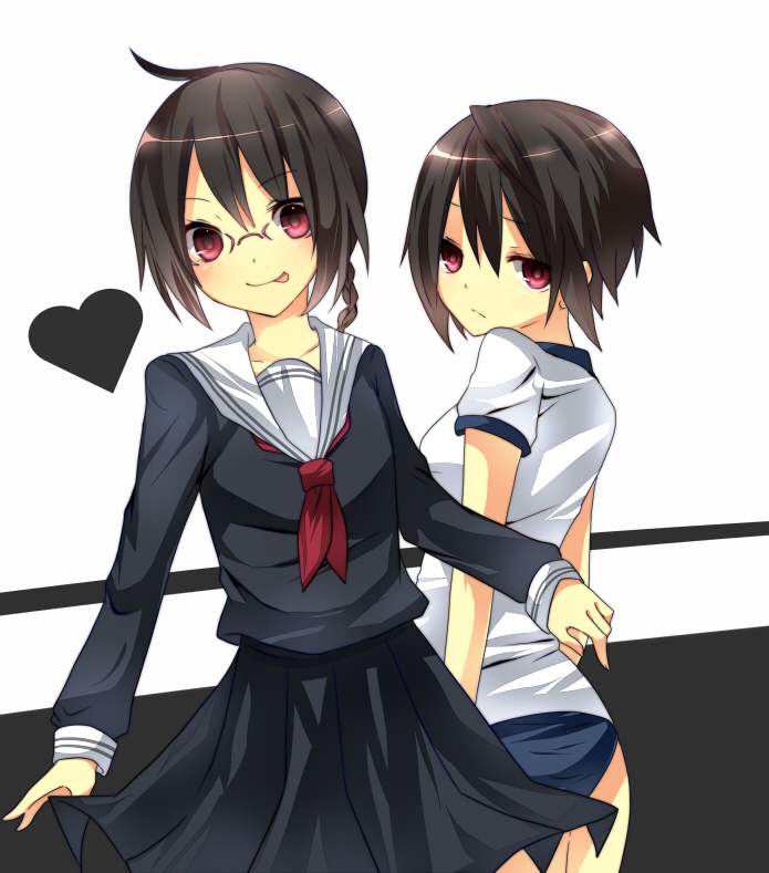 2girls, :p, bad_id, bad_pixiv_id, black_hair, braid, buruma, durarara!!, glasses, gym_uniform, isuzu_rio, long_hair, meeji_(isuzu_rio), multiple_girls, orihara_kururi, orihara_mairu, pleated_skirt, red_eyes, school_uniform, serafuku, short_hair, siblings, skirt, tongue, tongue_out