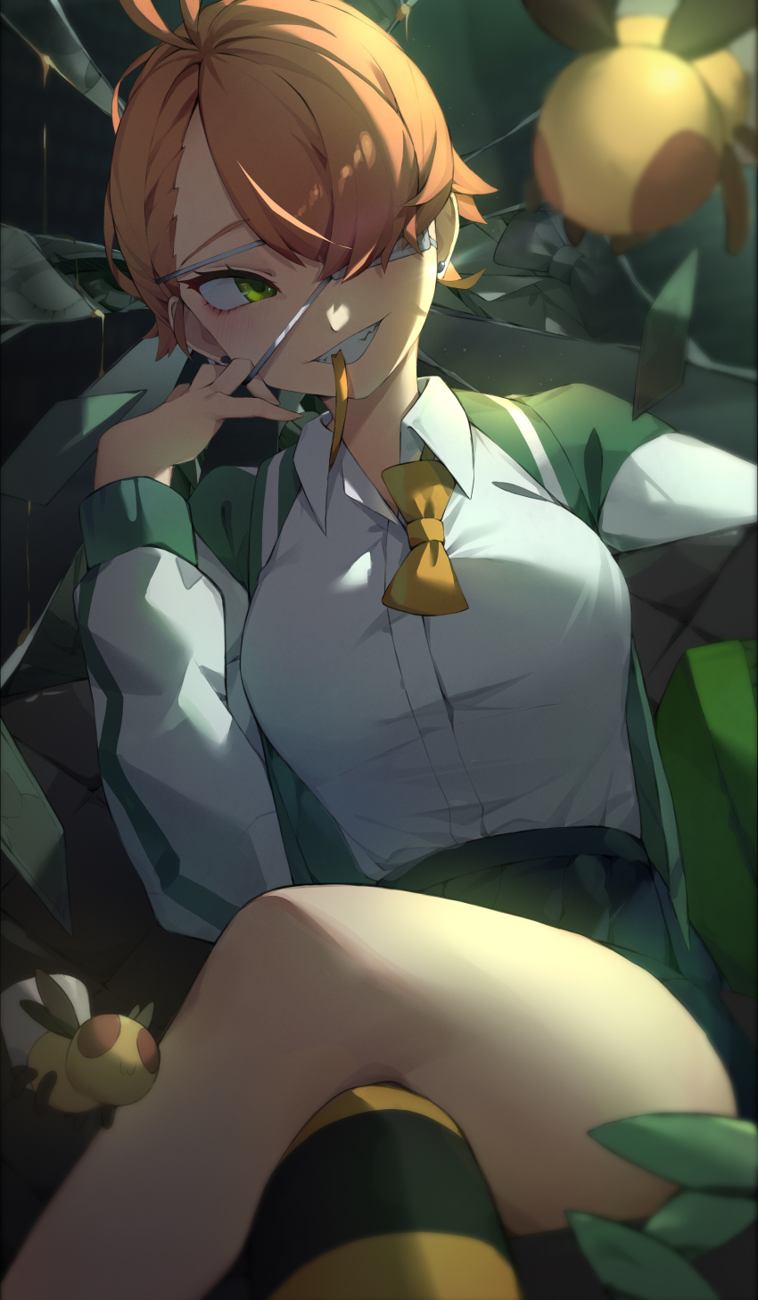 1girl, absurdres, antenna_hair, asymmetrical_bangs, bee, black_skirt, black_thighhighs, boku_no_hero_academia, bow, bowtie, breasts, bug, collared_shirt, commentary, crossed_legs, dress_shirt, earrings, english_commentary, eyepatch, feet_out_of_frame, glass_shards, green_eyes, green_jacket, grin, hachisuka_kuin, hair_over_one_eye, hand_up, highres, honey, insect, jacket, jewelry, light_particles, long_sleeves, loose_bowtie, lying, medical_eyepatch, medium_breasts, miniskirt, mouth_hold, on_back, orange_hair, parted_bangs, pleated_skirt, ribbon, ribbon_in_mouth, sharp_teeth, shirt, shirt_tucked_in, short_hair, single_thighhigh, skirt, smile, solavit401, solo, strap_pull, striped_clothes, striped_thighhighs, stud_earrings, teeth, thighhighs, thighs, vigilante_-boku_no_hero_academia:_illegals-, white_shirt, wing_collar, yellow_bow, yellow_bowtie, yellow_thighhighs