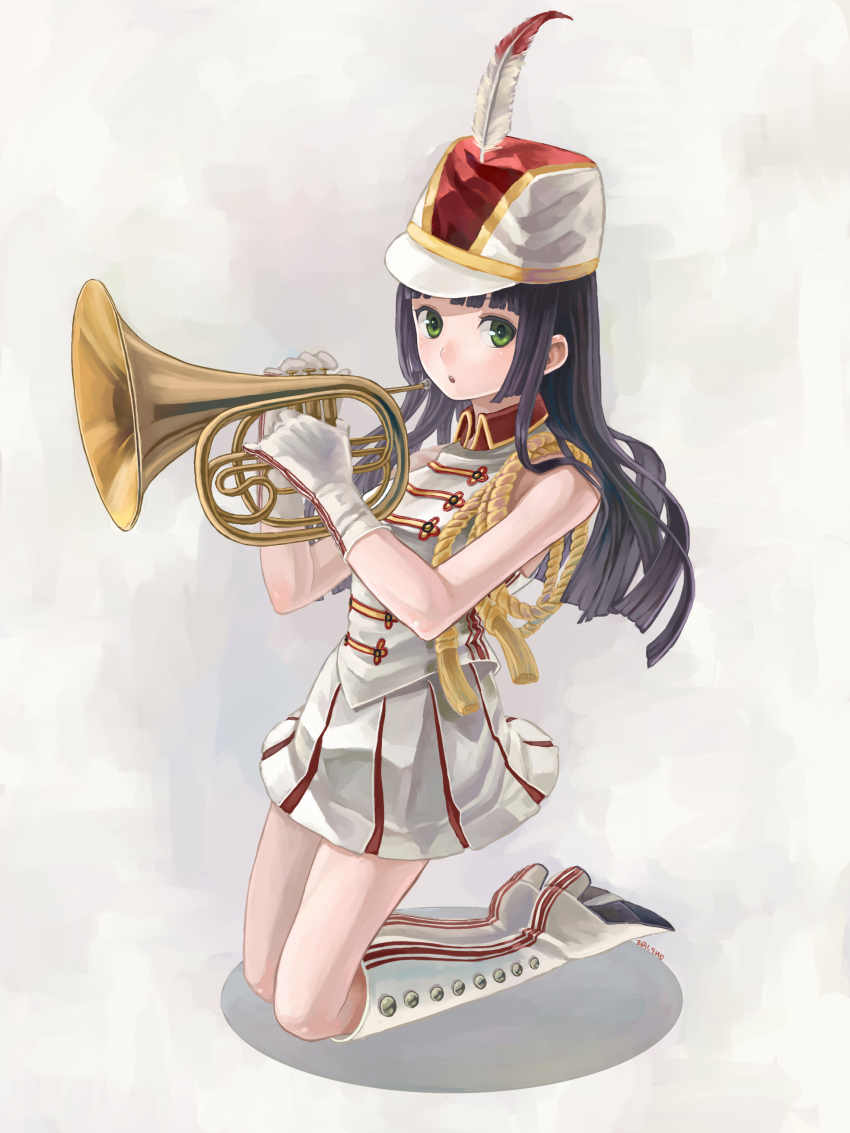 1girl, absurdres, alternate_costume, band_uniform, black_hair, boots, daqiao_(shin_sangoku_musou), feathers
