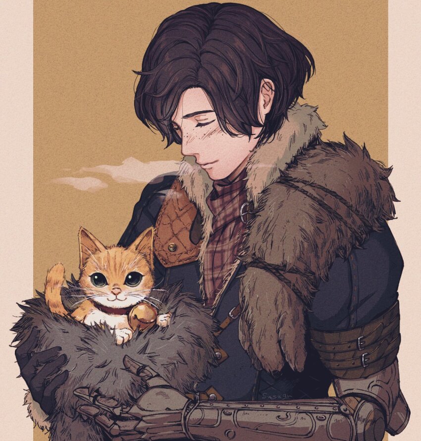 1boy, animal, animal_collar, arm_belt, arms_up, asa02, bell, belt