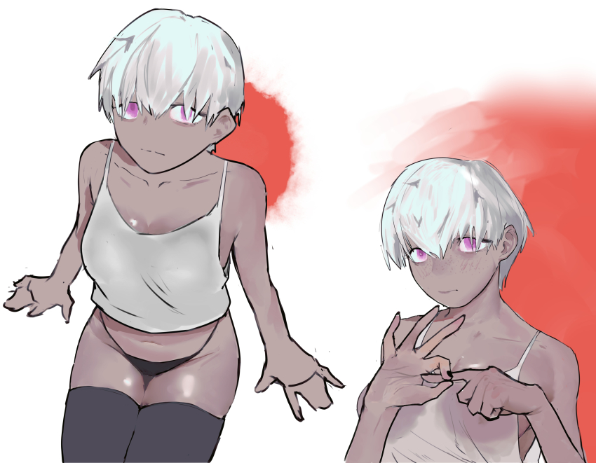 1girl, \||/, absurdres, black_nails, dark-skinned_female, dark_skin, expressionless, gesture, highres, kipnevh, looking_at_viewer, nail_polish, navel, original, penetration_gesture, purple_eyes, see-through_clothes, sexually_suggestive, short_hair, tagme, tank_top, thighhighs, thong, tomboy, white_background, white_hair