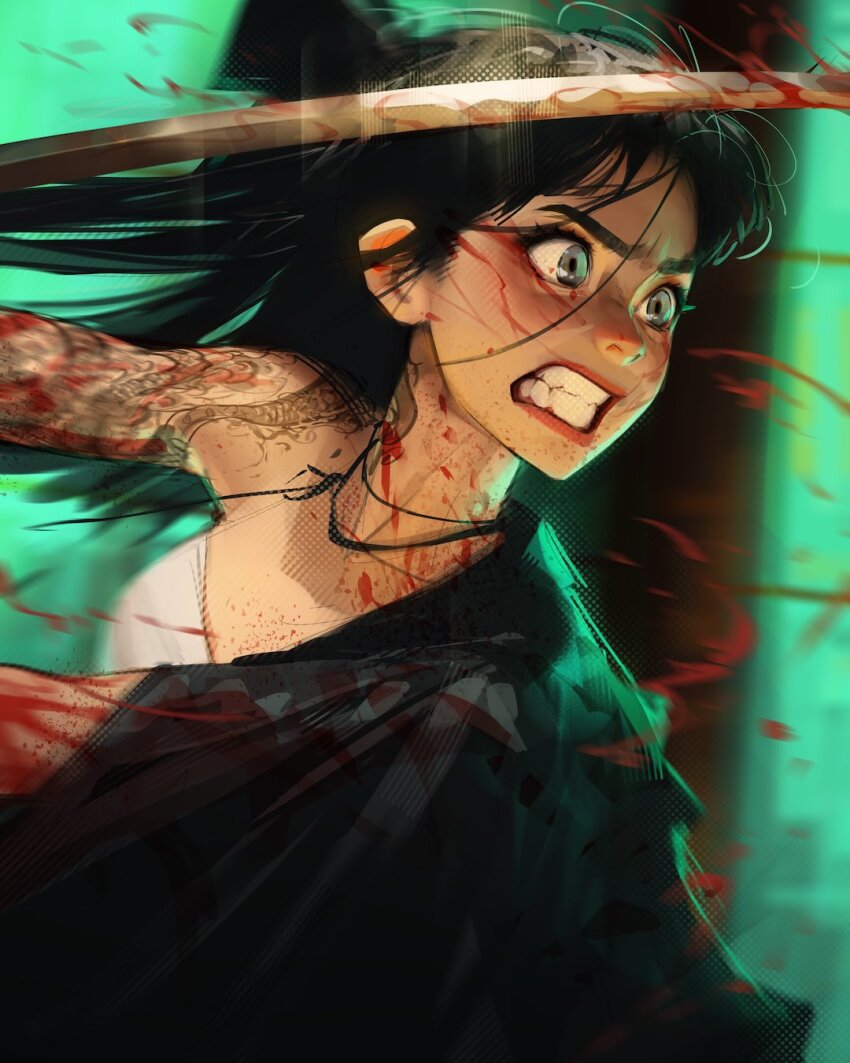 1girl, angry, bandaged_torso, black_hair, blood, blood_on_arm, blood_on_face, blood_on_hands