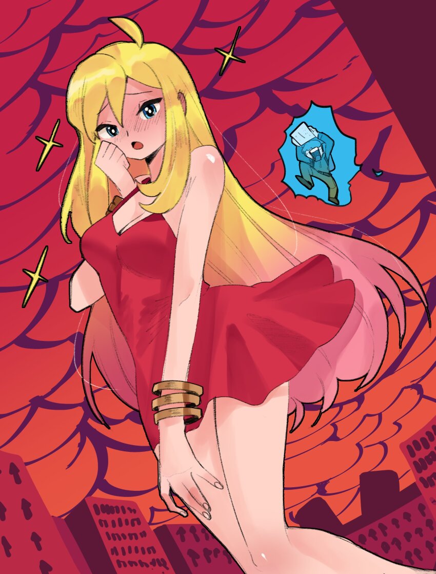 1boy, 1girl, absurdres, ahoge, alternate_hairstyle, aura, blonde_hair, blush