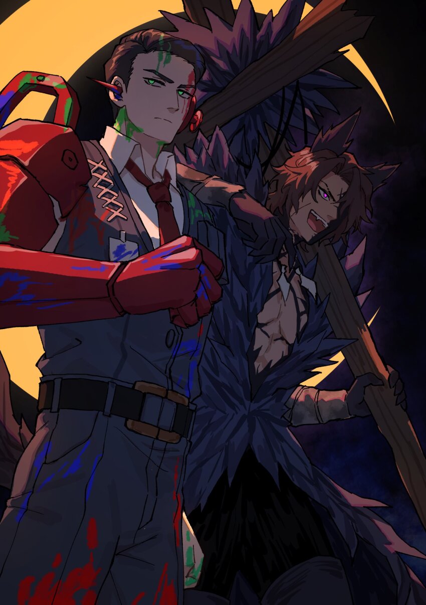 2boys, animal_ears, arm_wrap, bare_pectorals, black_hair, black_pants, black_vest, blood